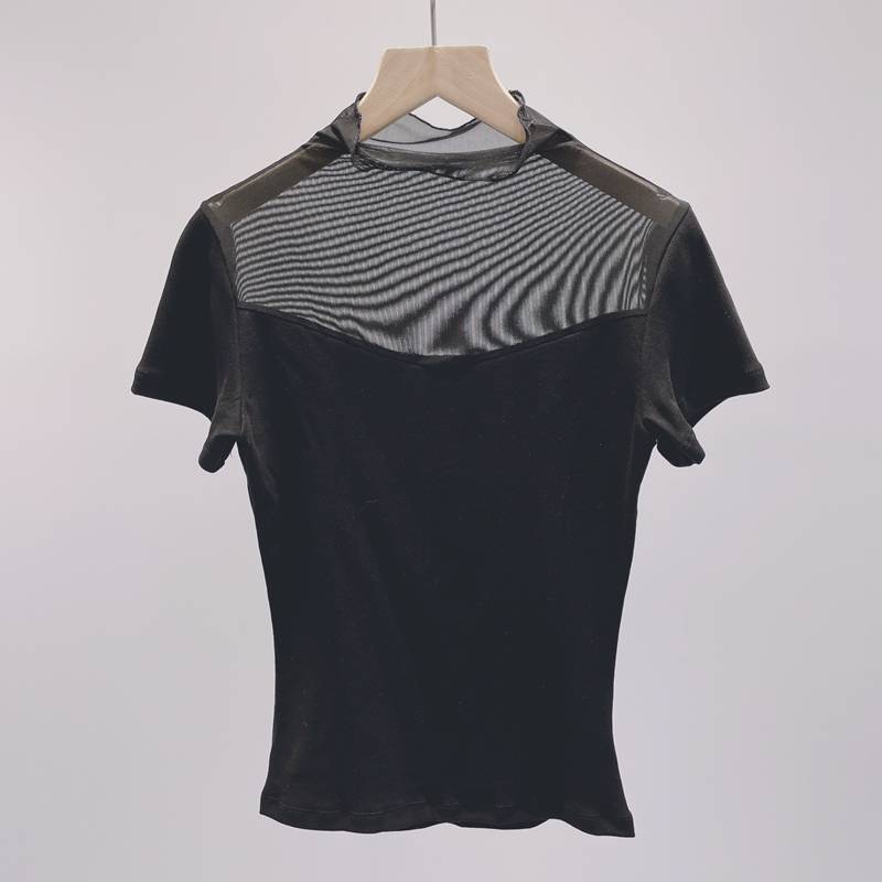Spot gauze stitching semi -high -necked dance service short -sleeved classical dance G Modern dance ballet exercise body