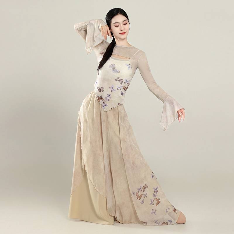 Classical dance ink butterfly body rhyme, elegant gauze Chinese dance classical dance exercise performance suit suit set horn sleeve