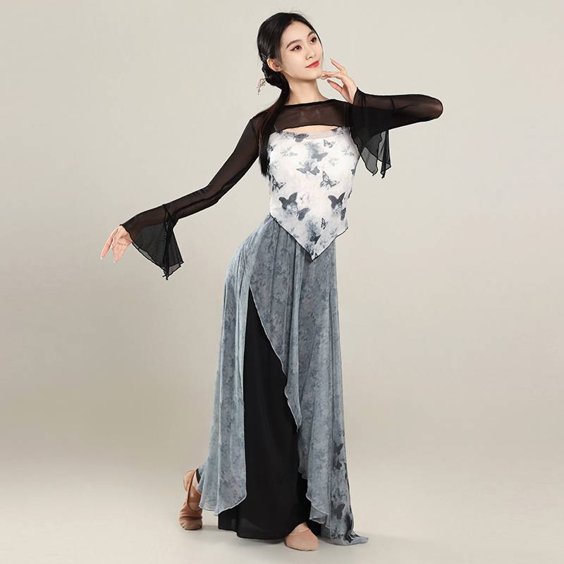 Classical dance ink butterfly body rhyme, elegant gauze Chinese dance classical dance exercise performance suit suit set horn sleeve