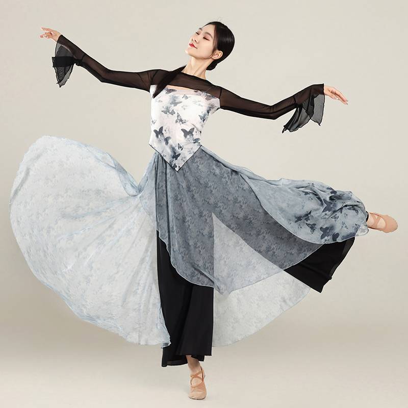 Classical dance ink butterfly body rhyme, elegant gauze Chinese dance classical dance exercise performance suit suit set horn sleeve
