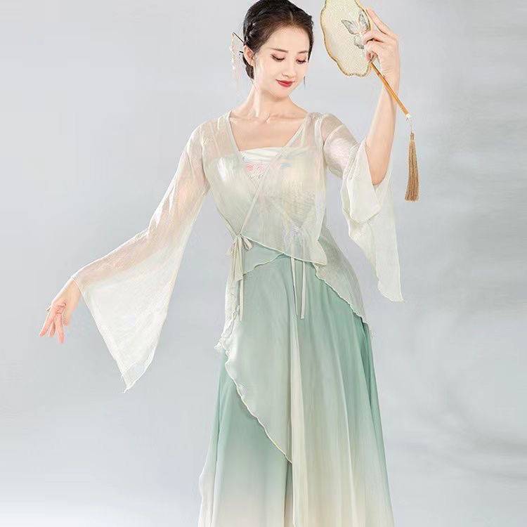 Renting classical dance gauze, practice clothes, wide -leg pants, fairy, elegant female Chinese dance clothing art test show, showing clothing