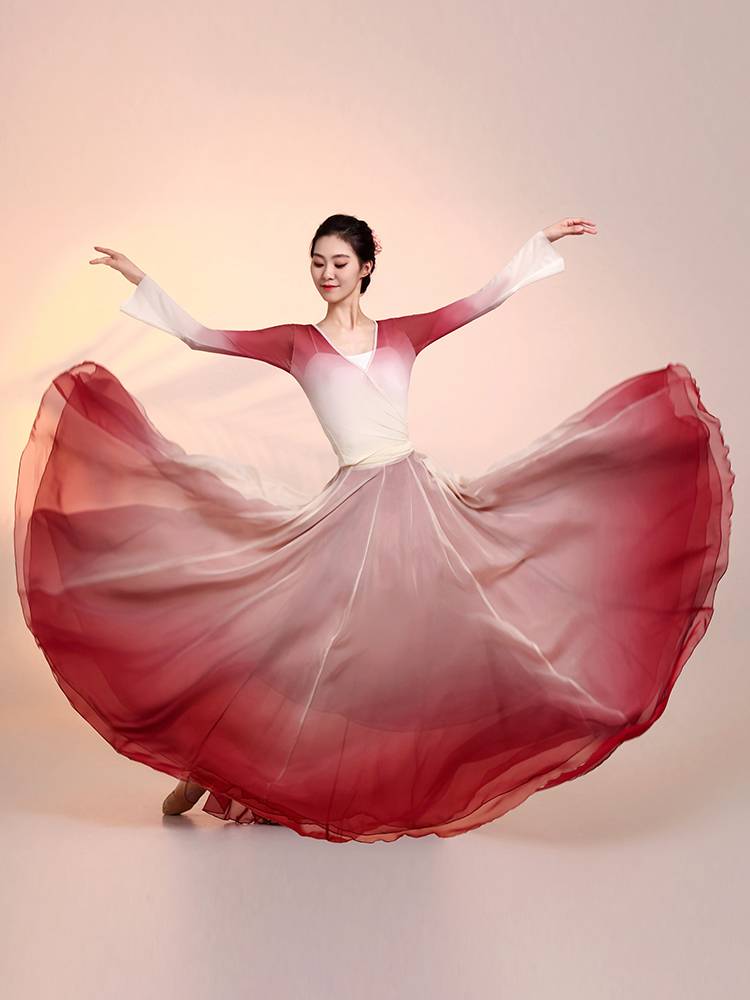 Classical dance clothing female gauze dressing exercise uniforms performed Chinese dance body rhyme set big bloom skirt gradient color