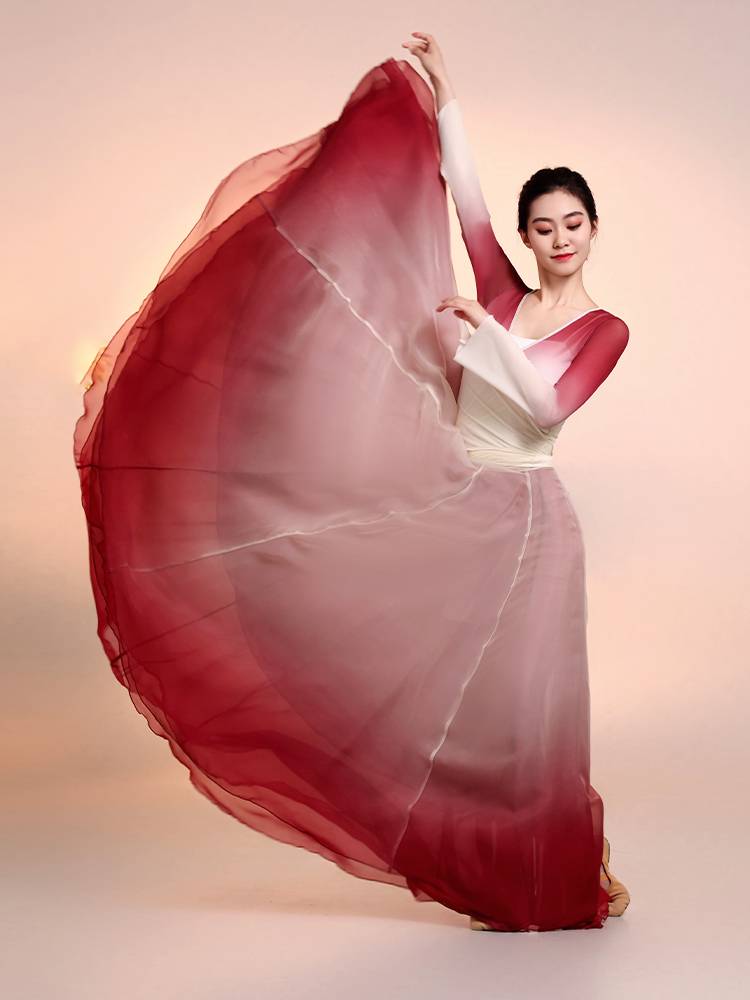 Classical dance clothing female gauze dressing exercise uniforms performed Chinese dance body rhyme set big bloom skirt gradient color
