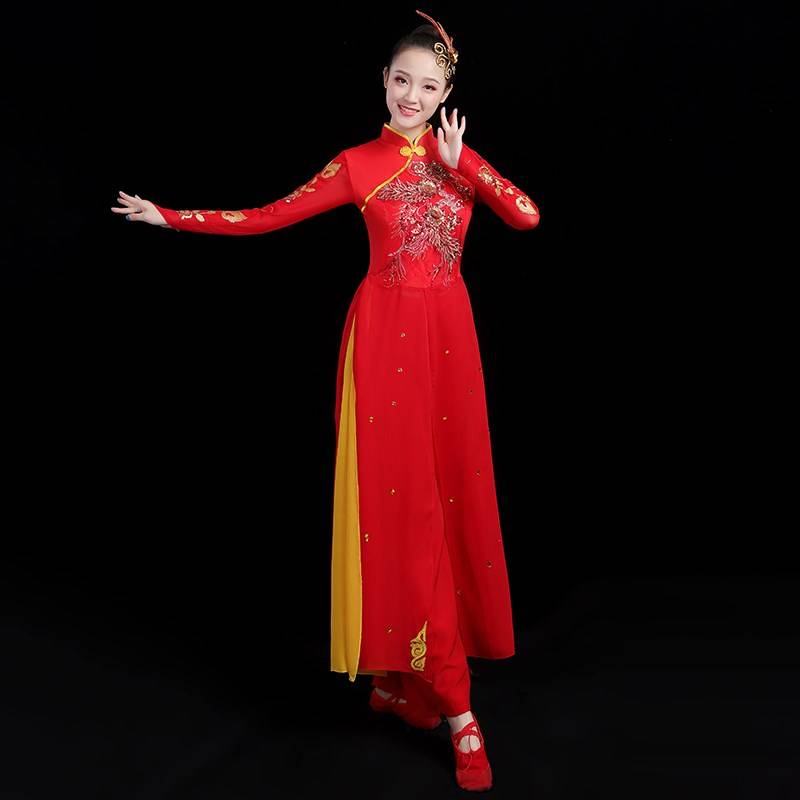 2020 new waist drum clothing open door red Yangge clothing classical dance drum service autumn and winter long -sleeved performance suit women
