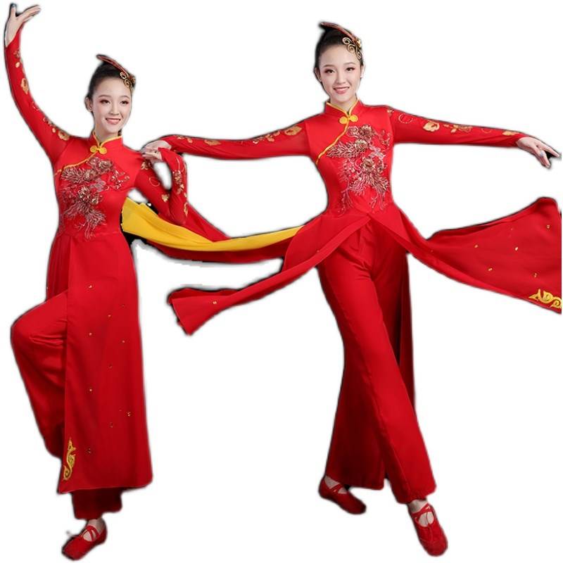 2020 new waist drum clothing open door red Yangge clothing classical dance drum service autumn and winter long -sleeved performance suit women