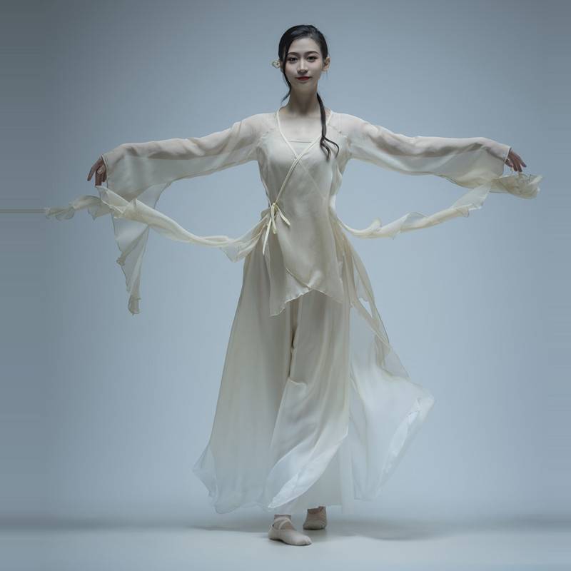 The new classical dance gauze clothes on the body rhyme, leaning, wide -leg pants, elegant female Chinese dance clothing performance clothing