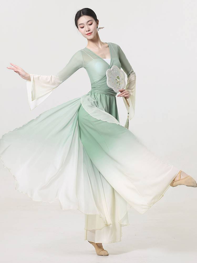 Classical dance dance clothing female elegant body rhyme gauze gradient dance skirt trousers long pants suite Chinese dance performance clothing