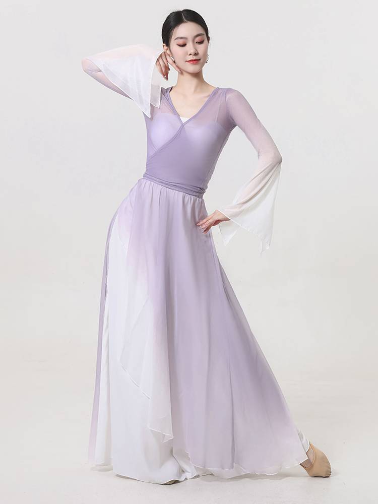Classical dance dance clothing female elegant body rhyme gauze gradient dance skirt trousers long pants suite Chinese dance performance clothing