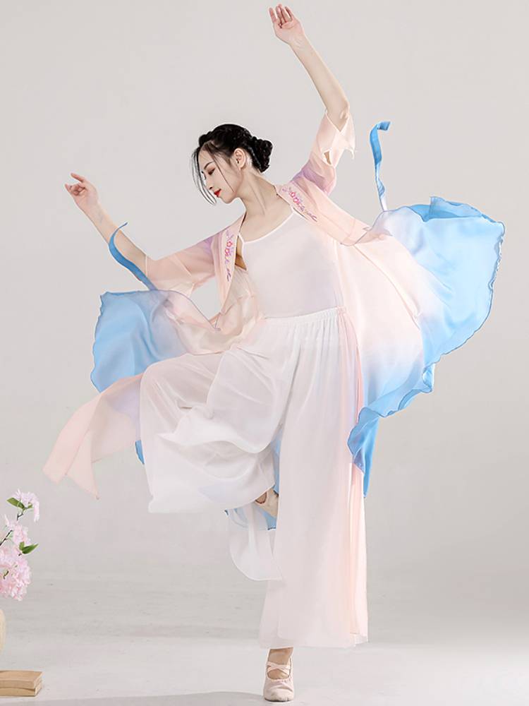 Classical dance watch performance suit gradient colorful elegant long shirt set peach blossom flowers and moon pops up