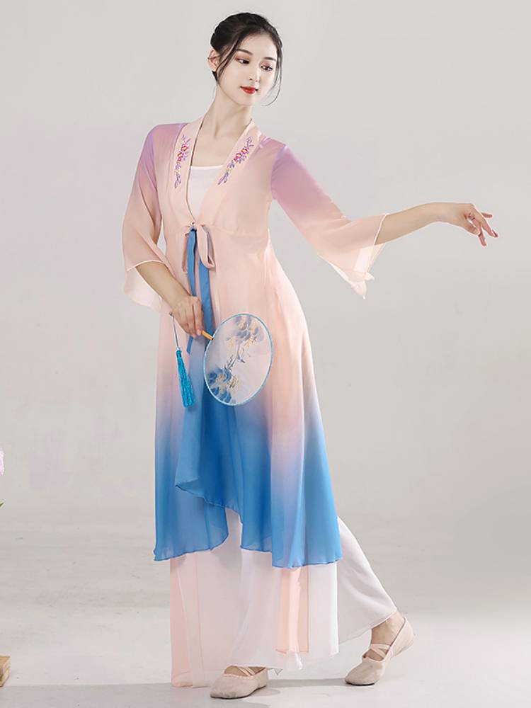 Classical dance watch performance suit gradient colorful elegant long shirt set peach blossom flowers and moon pops up
