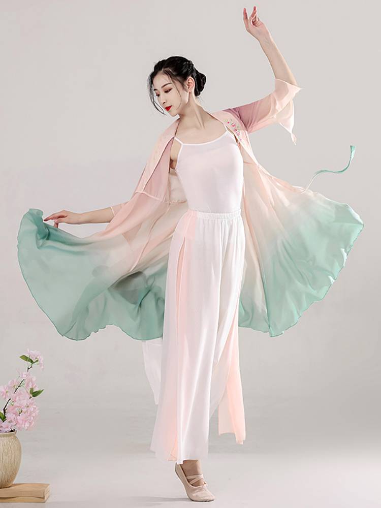 Classical dance watch performance suit gradient colorful elegant long shirt set peach blossom flowers and moon pops up