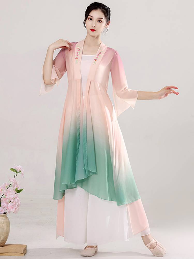 Classical dance watch performance suit gradient colorful elegant long shirt set peach blossom flowers and moon pops up