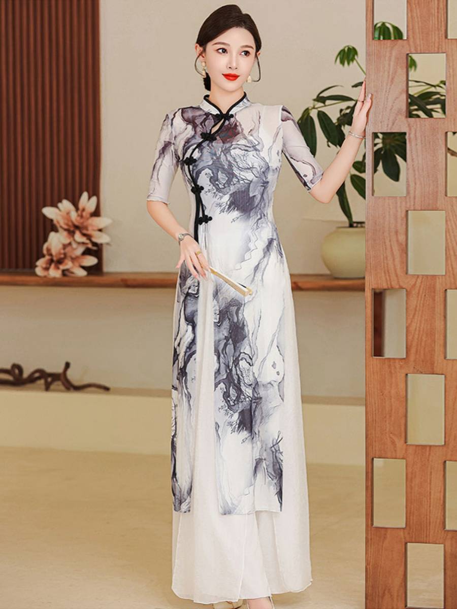 Classical Dance Performance Ao Dai cheongsam set female 2024 new national Feng ink stretch gauze dance dress