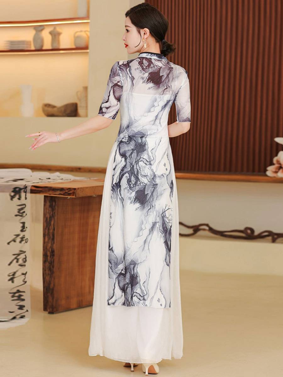 Classical Dance Performance Ao Dai cheongsam set female 2024 new national Feng ink stretch gauze dance dress