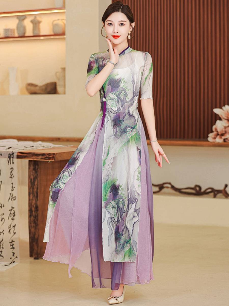 Classical Dance Performance Ao Dai cheongsam set female 2024 new national Feng ink stretch gauze dance dress