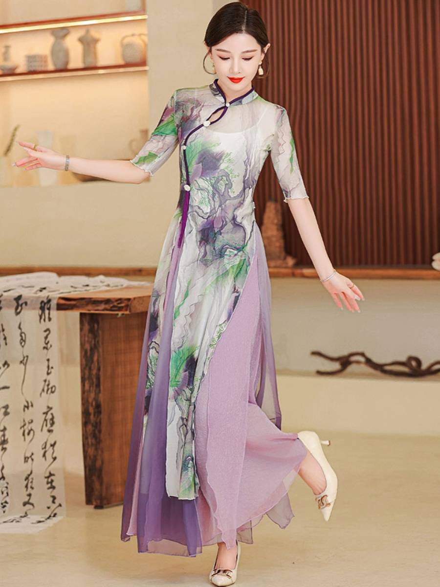 Classical Dance Performance Ao Dai cheongsam set female 2024 new national Feng ink stretch gauze dance dress