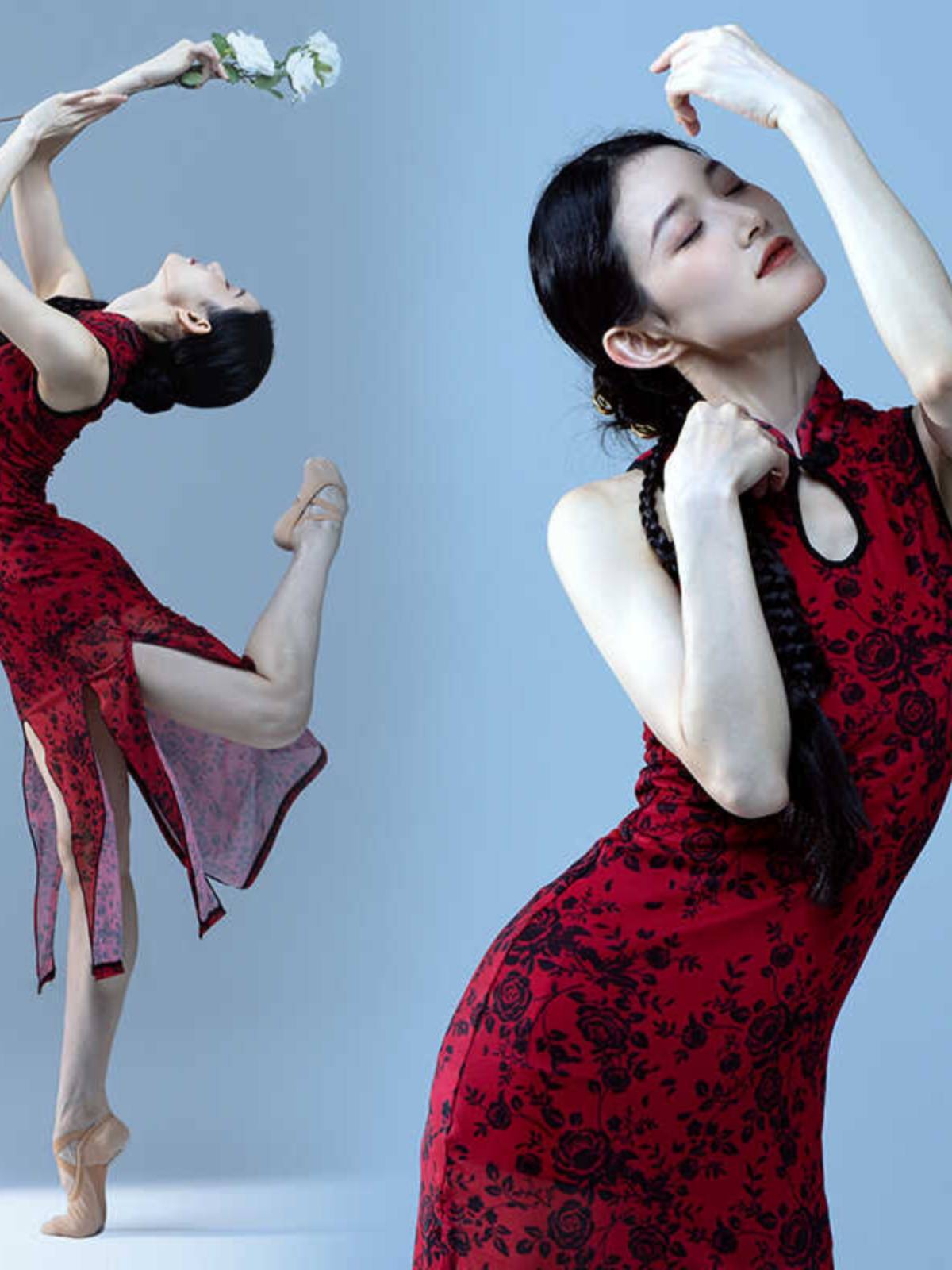Cheongsam dance clothing female improved Chinese dance show is thin, high, high -opening classical dance dance net gauze elasticity