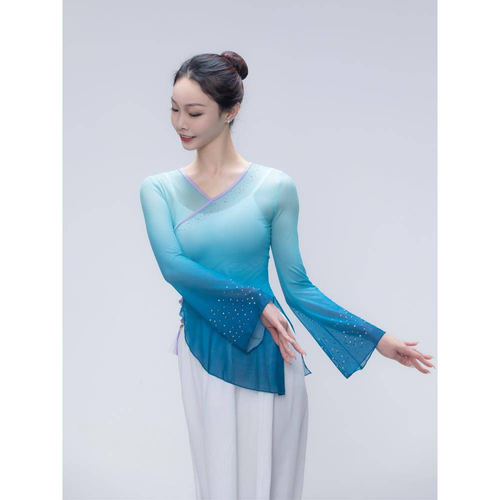 Classical dance dance clothes practice, the female body of the female body, the fairy, elegant, gradient, hot drilling, Chinese dance top girl