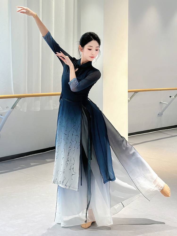 Cheongsam dance service Classical dancer elegant gauze practice service female Chinese dance elastic net gauze ancient style new set
