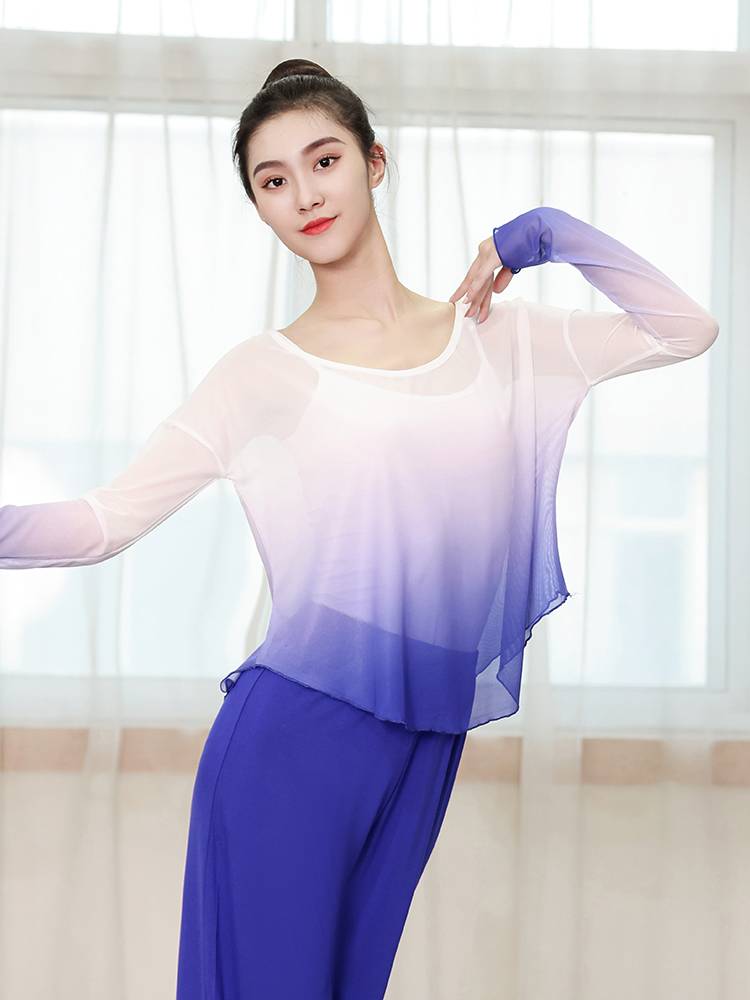 New classical dance clothing female elegant top, practicing Chinese style modern dance loose net yarn long -sleeved suit