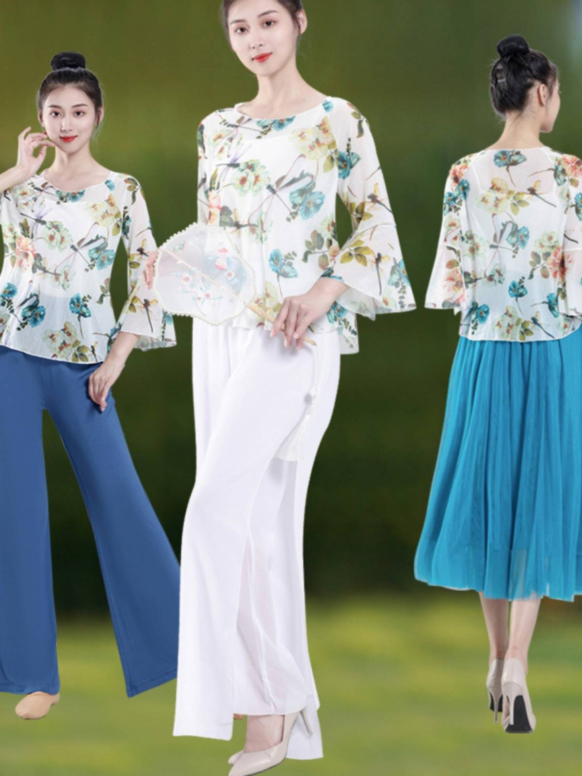 The new classical dancer body rhyme gauze fairy, elegant gradient horn sleeve top performance practice dance clothing