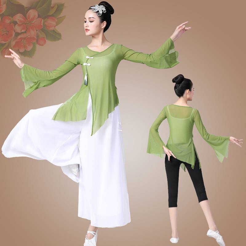 Classical dance body rhyme vector horn sleeve Chinese style dance chiffon wide -leg pants female national style square dance set