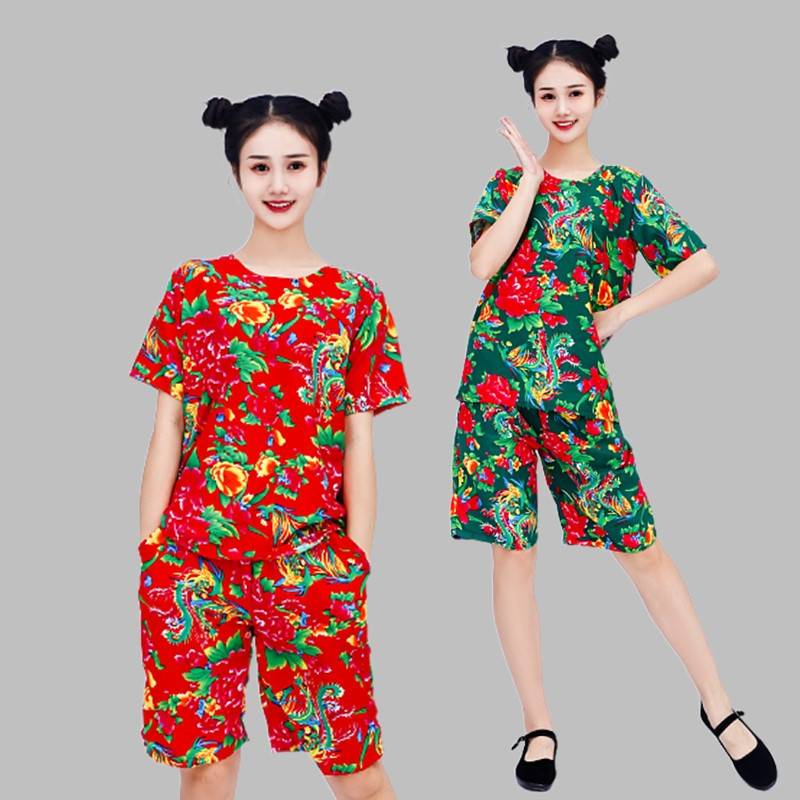 Northeast Dahua cloth clothing bridesmaid net red short -sleeved T -shirt shorts, two -person dance Yangge suit funny performance service