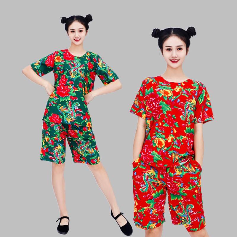 Northeast Dahua cloth clothing bridesmaid net red short -sleeved T -shirt shorts, two -person dance Yangge suit funny performance service