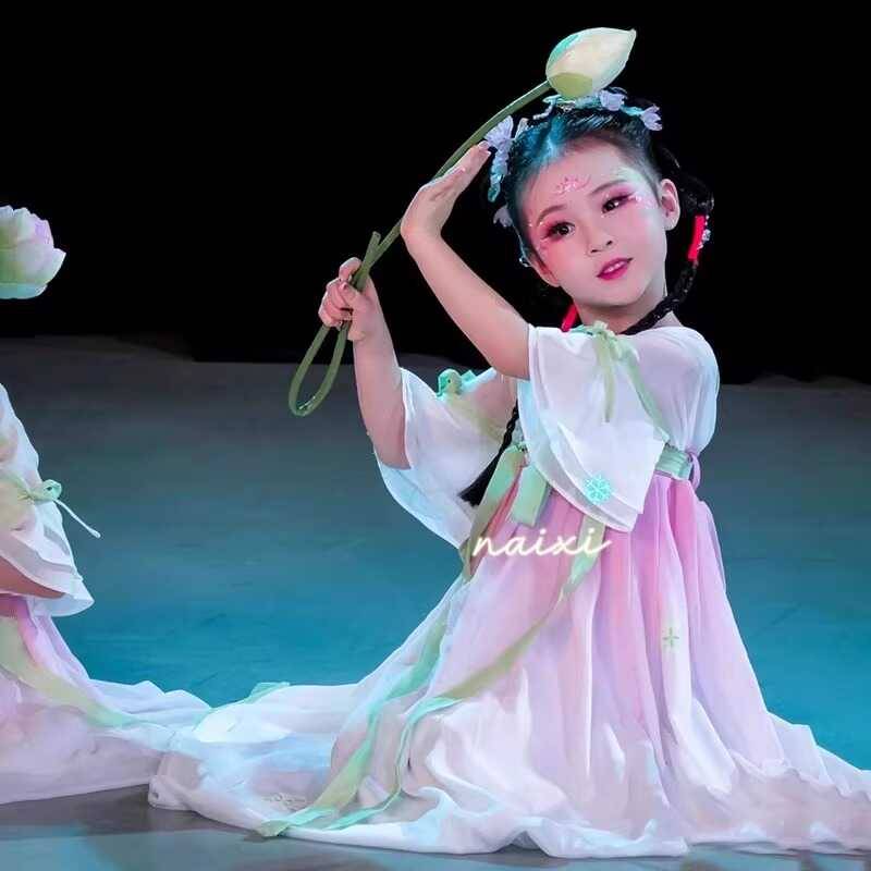 2024 new Hanfu girl dance clothing, lotus children's classical dance Chinese dance lotus leaf dance props performance service