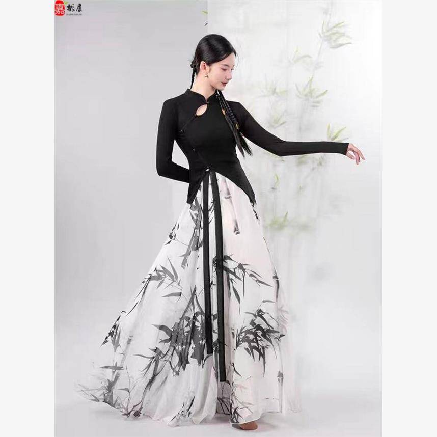 Classical dance clothing elegant Chinese style dance clothing Chinese character bamboo leaf printing cheongsam shirt big skirt performance clothes