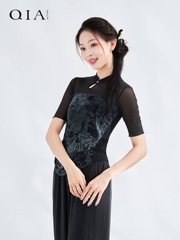 Qia Classical Dance Falling Flora Velvers New Chinese Cheongsam Short Sleeve Top
