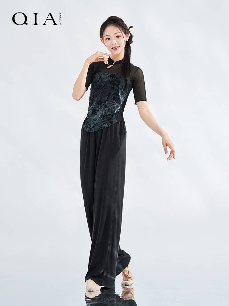 Qia Classical Dance Falling Flora Velvers New Chinese Cheongsam Short Sleeve Top