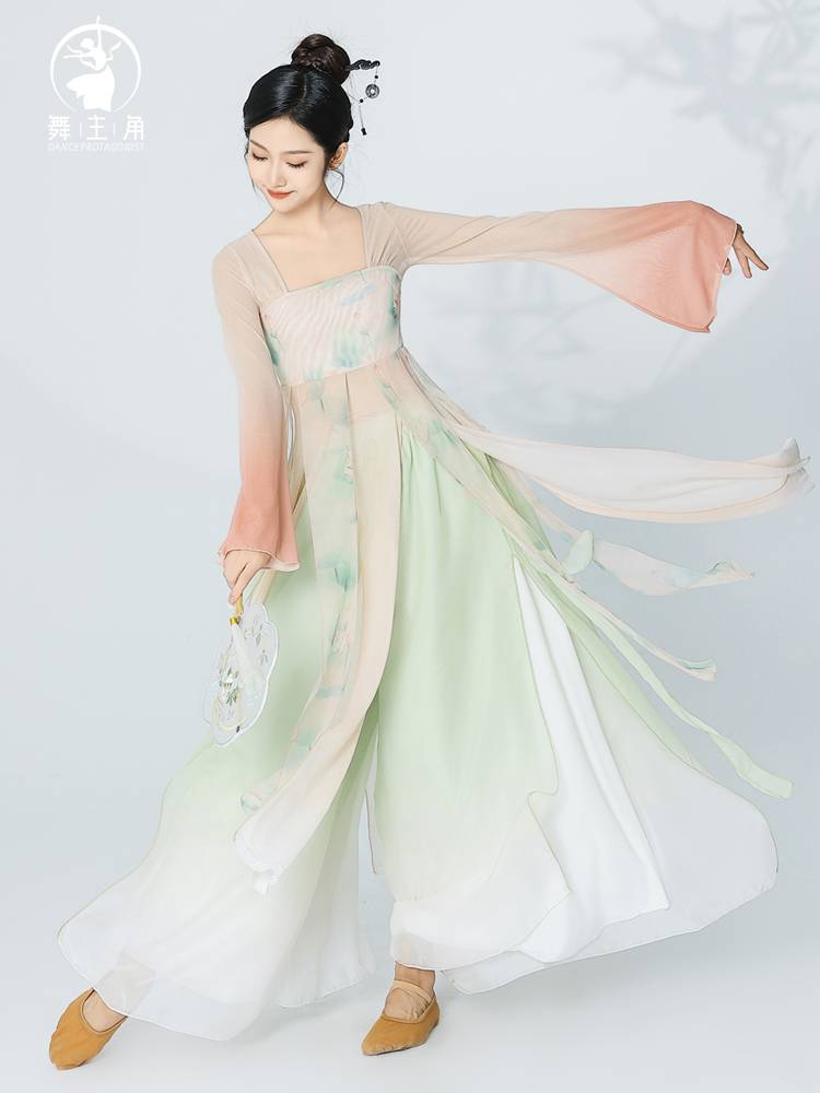Dance protagonist Classical dance dance clothing female elegant Han Tangfeng lotus flower gauze skirt and yarn improved Hanfu gauze performance suit