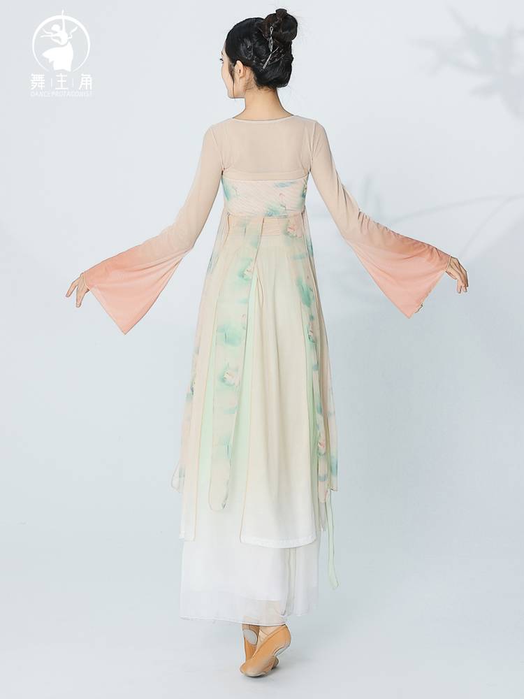 Dance protagonist Classical dance dance clothing female elegant Han Tangfeng lotus flower gauze skirt and yarn improved Hanfu gauze performance suit