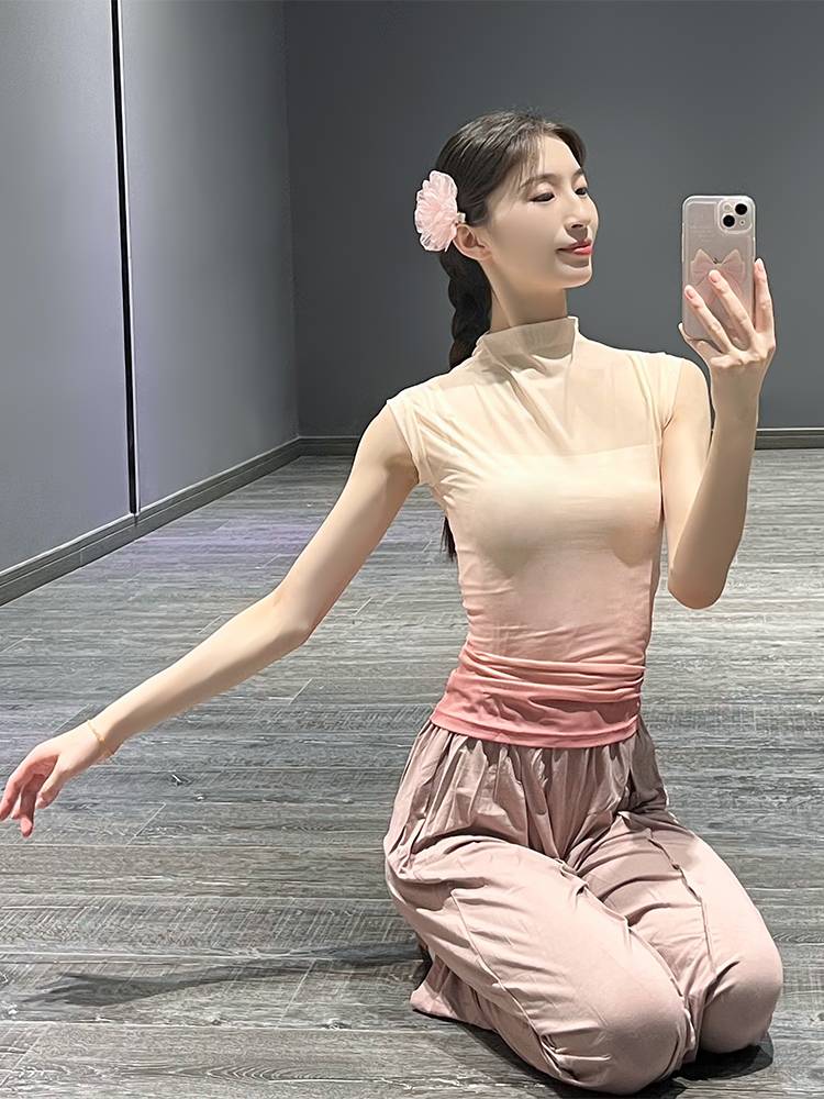 Modern dance clothing summer gradient short -sleeved top art test classical dance exercise body training gauze girl