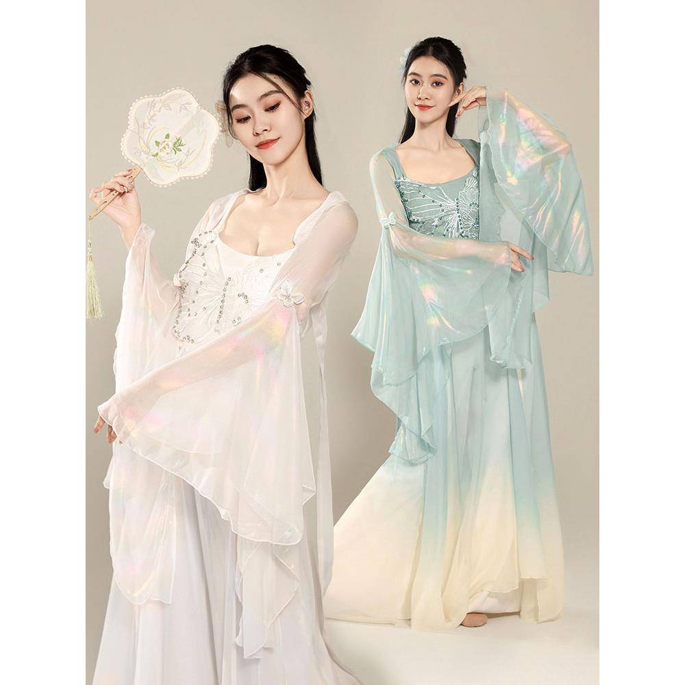 Classical dance clothing body rhyme, elegant butterfly pricking colorful chiffon yarn Chinese style performance clothing set exercise uniform