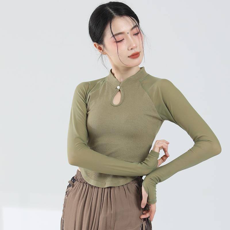Modern dance exercise, female adult temperament slim stitching gauze sleeve top Chinese style dance clothing classical dance clothing