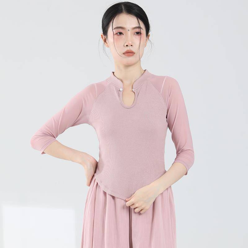 Modern dance exercise, female adult temperament slim stitching gauze sleeve top Chinese style dance clothing classical dance clothing