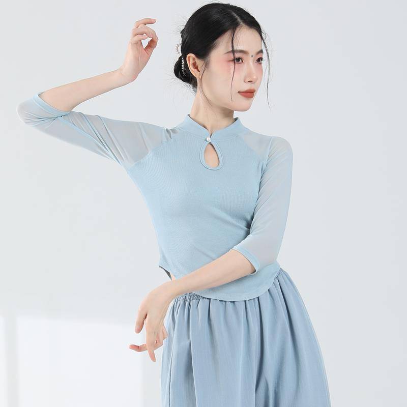 Modern dance exercise, female adult temperament slim stitching gauze sleeve top Chinese style dance clothing classical dance clothing