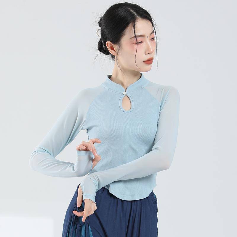 Modern dance exercise, female adult temperament slim stitching gauze sleeve top Chinese style dance clothing classical dance clothing