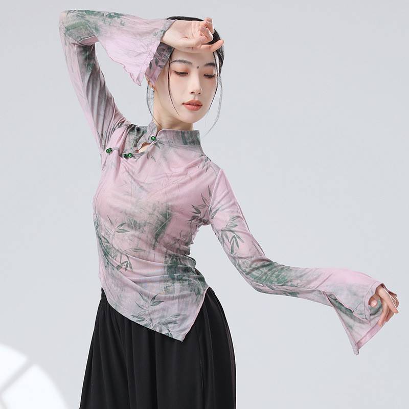 China's new Chinese classical dance ink painting net gauze improved cheongsam horn sleeve dance practice -shaped sportswear modern dance