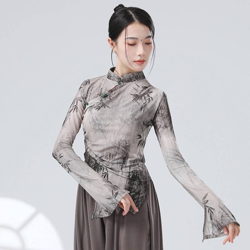 China's new Chinese classical dance ink painting net gauze improved cheongsam horn sleeve dance practice -shaped sportswear modern dance
