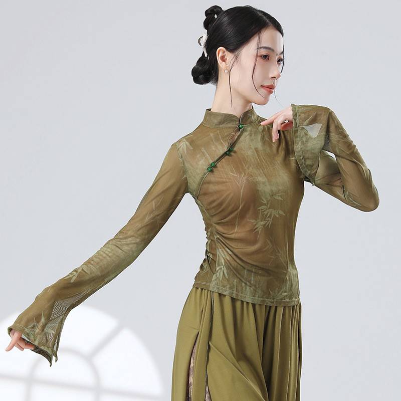 China's new Chinese classical dance ink painting net gauze improved cheongsam horn sleeve dance practice -shaped sportswear modern dance