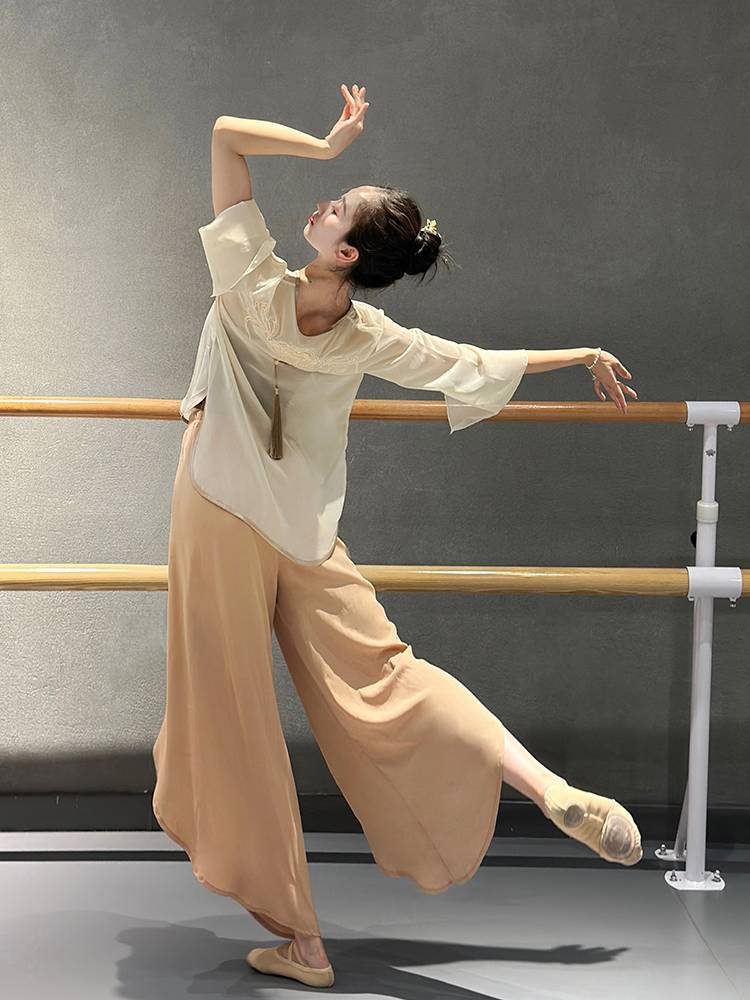 Classical dance yarn clothing flowers embroidery Chinese dance body rhyme clothes, loose exercise uniforms, cover blouse ancient style performance clothes