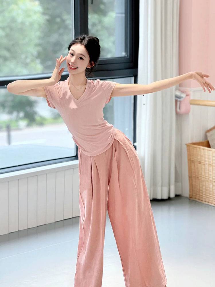 Modern dance clothing female summer short -sleeved body exercises, fashion, fashion V -neck, thin Chinese classical dance base training clothing