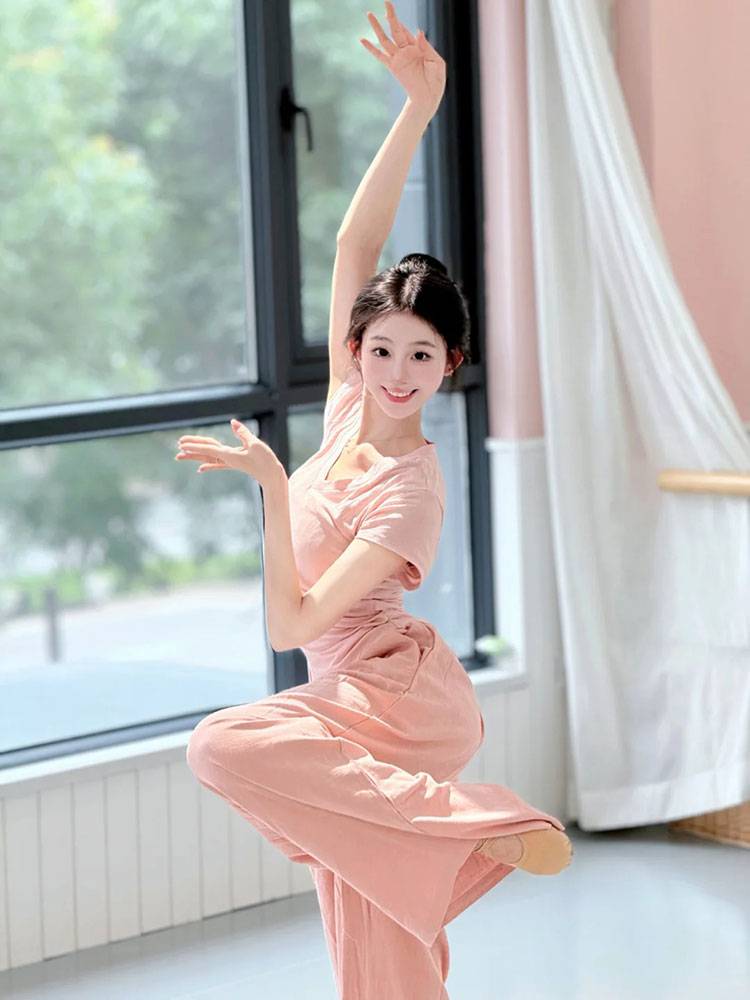Modern dance clothing female summer short -sleeved body exercises, fashion, fashion V -neck, thin Chinese classical dance base training clothing