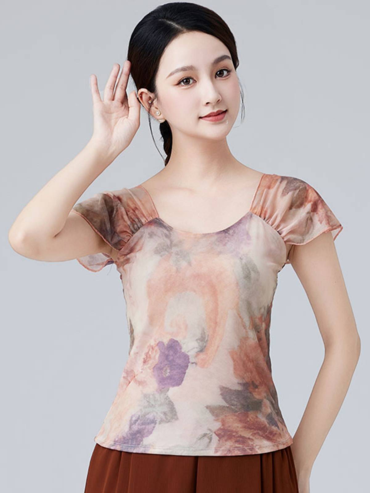 Chinese classical modern dance clothing shirt short -sleeved printing net bubble sleeve dancing training exercises breathable summer