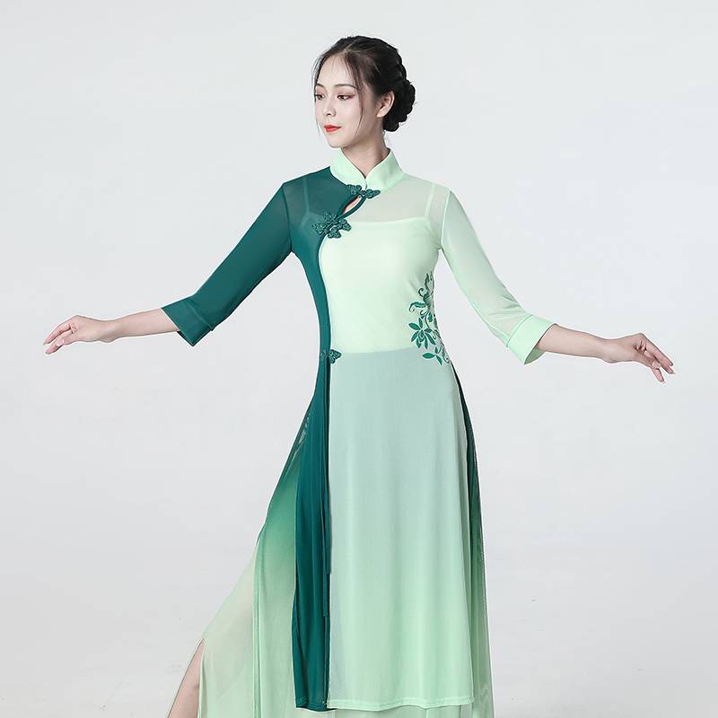 The new classical dance service female elegant practice clothes body rhyme, elastic gauze Chinese dance fan cheongsam dance clothing watch