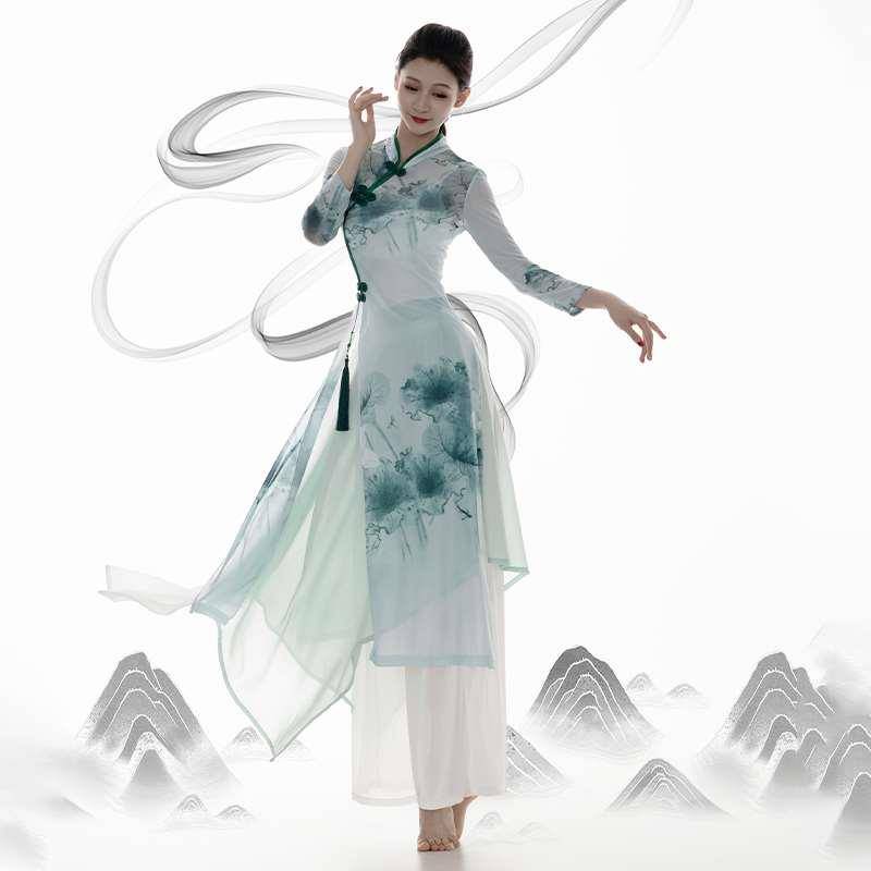 Classical dance cheongsam dance dedicated clothing Chinese dance exercise clothes body rhyme yarn shirt performance clothes
