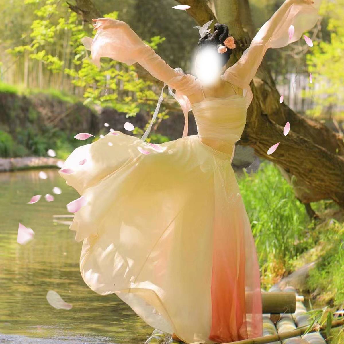 Sakura Ji Wuyi art, a large left cherry pink immortal classical dance suit ancient style golden sleeve shirt 360 degrees